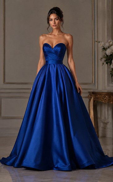 Ball Gown Satin Prom Dress with Strapless, Sleeveless and Pleats, Floor Length