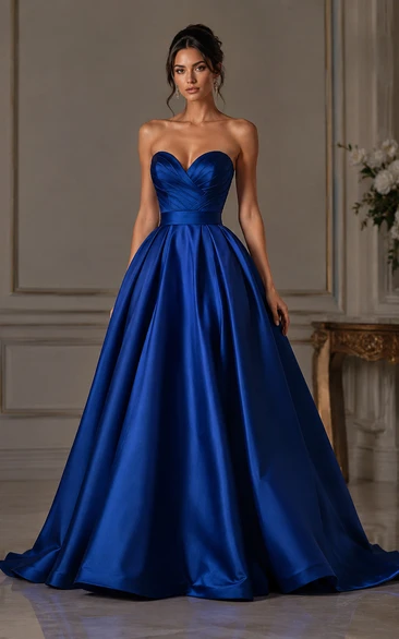 Ball Gown Satin Prom Dress with Strapless, Sleeveless and Pleats, Floor Length