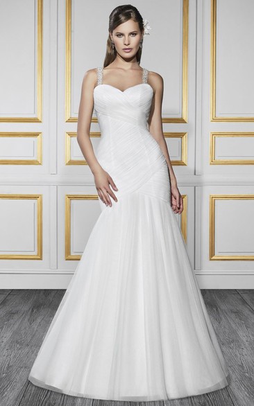Mermaid Strapped Beaded Sleeveless Tulle&Satin Wedding Dress With Criss Cross