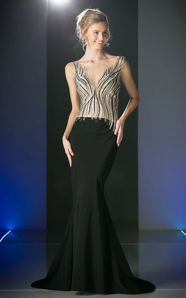 Trumpet Scoop-Neck Sleeveless Jersey Illusion Dress With Beading