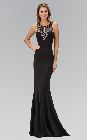 Sheath Long Scoop-Neck Sleeveless Jersey Illusion Dress With Beading And Pleats