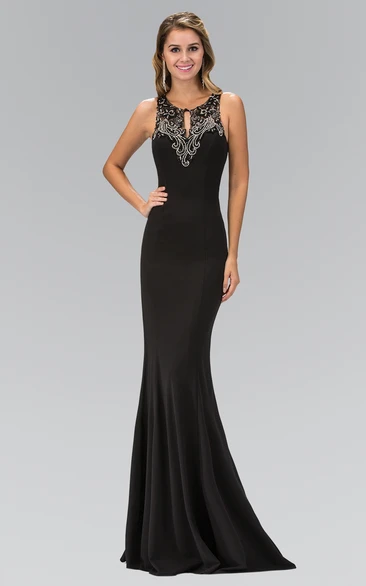 Sheath Long Scoop-Neck Sleeveless Jersey Illusion Dress With Beading And Pleats