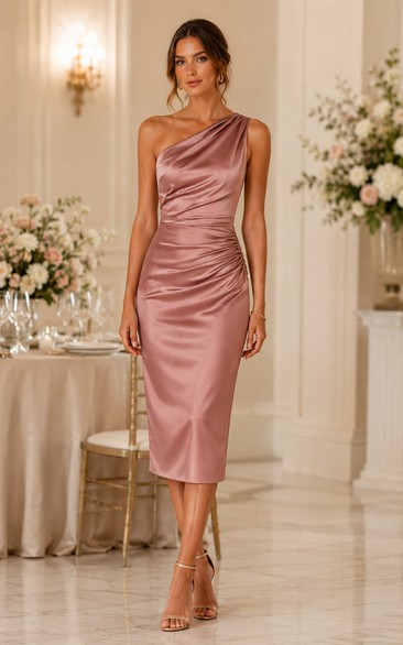 Dusty Rose One-Shoulder Ruched Satin Midi Cocktail Dress