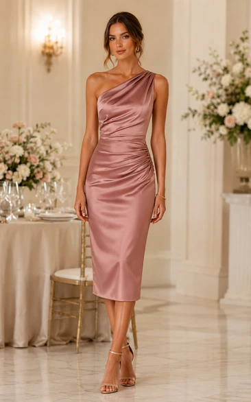 Dusty Rose One-Shoulder Ruched Satin Midi Cocktail Dress