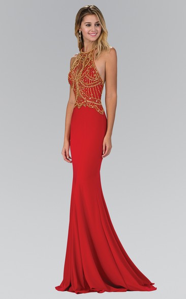 Mermaid Long Jewel-Neck Sleeveless Jersey Dress With Beading