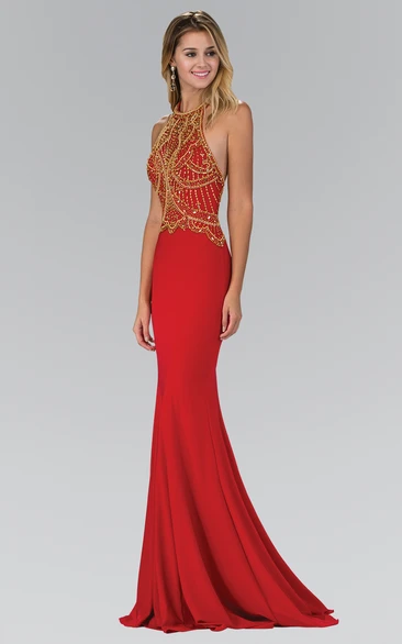 Mermaid Long Jewel-Neck Sleeveless Jersey Dress With Beading