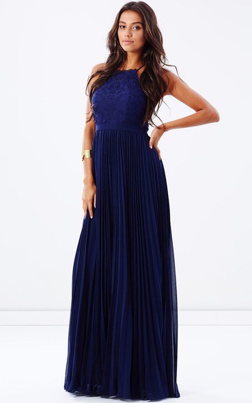 Spaghetti Pleated Sleeveless Chiffon Bridesmaid Dress With Lace And Ribbon