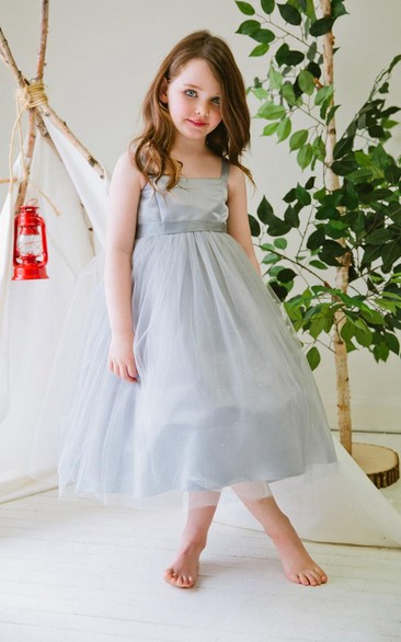 Tea-Length Spaghetti Empire Tiered Tulle&Satin Flower Girl Dress