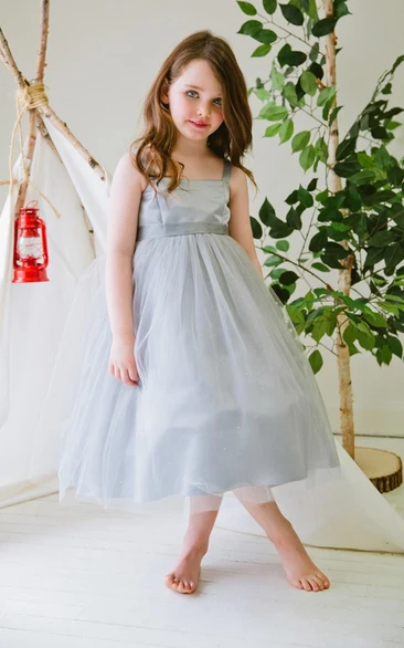 Tea-Length Spaghetti Empire Tiered Tulle&Satin Flower Girl Dress