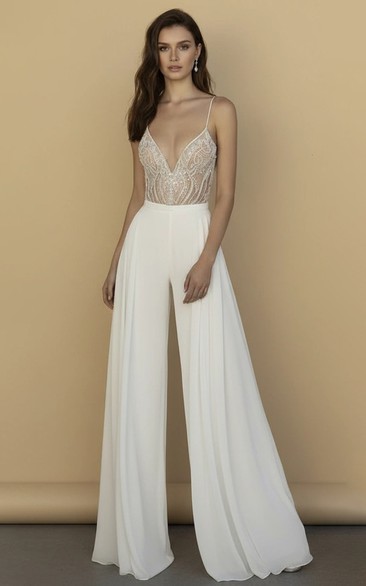 V-Neck Strapless Beaded Wide Leg Wedding Jumpsuit