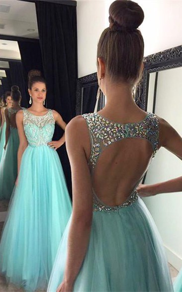 Modern Beadings A-line Illusion Evening Dress Tulle Floor-length Sleeveless