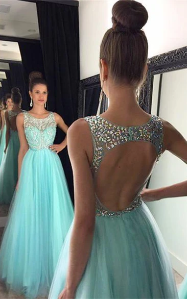 Modern Beadings A-line Illusion Evening Dress Tulle Floor-length Sleeveless