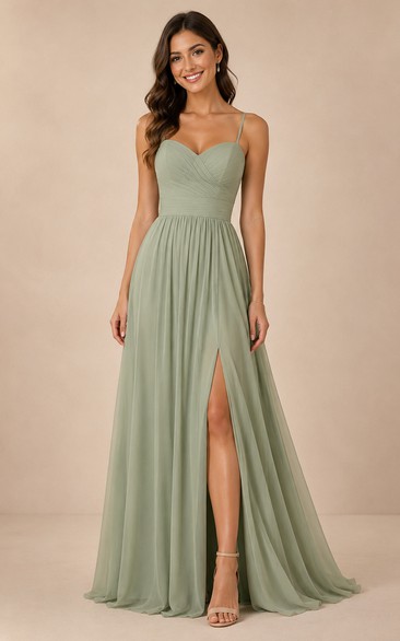 Chiffon Prom Dress in Sage, Spaghetti Strap, Sweetheart A-Line Floor-Length Gown with Pleats