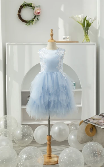 Sky Blue Scoop-neck Applique Ruffled Tulle Short Flowergirl Dress