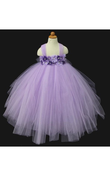 Allover Tulle Floral Bodice Empire Ball Gown With Beadings