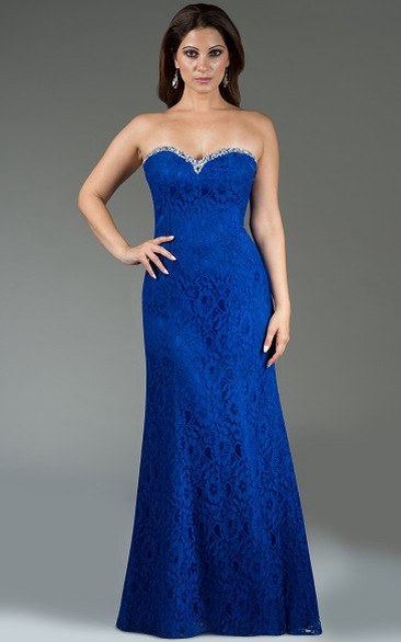Sweetheart Sheath Lace Long Bridesmaid Dress With Crystal Neckline