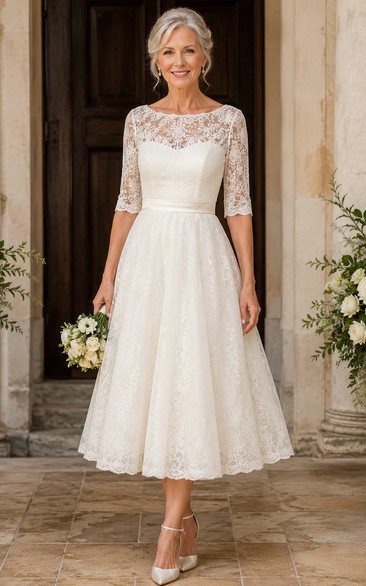 Tea Length Lace A-Line Older Brides Wedding Dress with Long Sleeve Sleeves