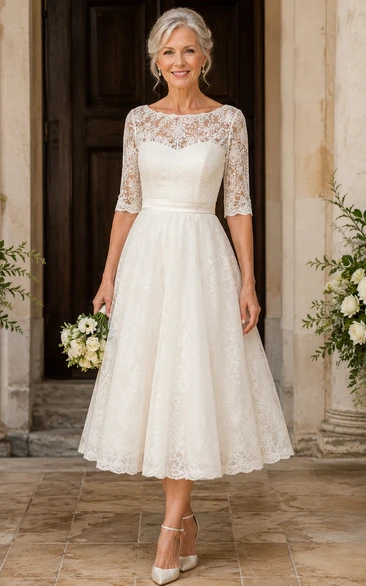 Tea Length Lace A-Line Older Brides Wedding Dress with Long Sleeve Sleeves