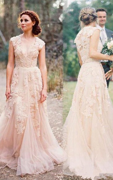 High Quality V-neck Sleeveless Floor-length Vintage Wedding Dress with Lace