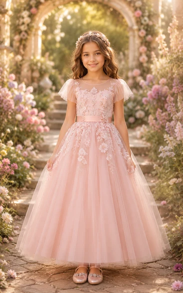 A-line Floor Length Cap Sleeve Tulle Lace Flower Girl Dress with Pink floral lace bodice and soft floor-length tulle