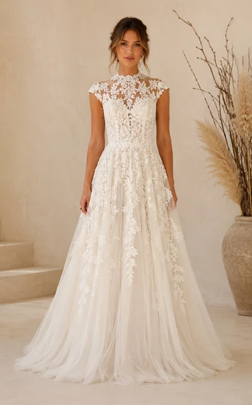 Modest A-Line Wedding Dress Cap Sleeve High Neck Lace Chiffon Floor Length Chapel Train Ivory