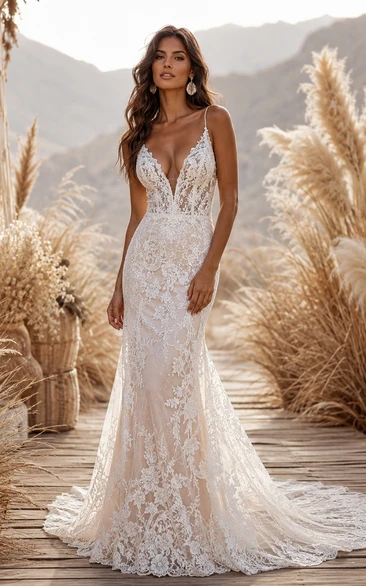 Boho Sexy Lace Mermaid Wedding Dress with Spaghetti Straps, Plunging Neckline & Fitted Floral Train