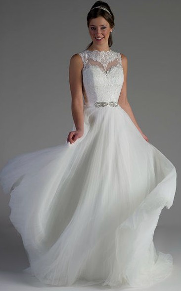 Scalloped High Neck Lace Top Beaded A-Line Tulle Bridal Gown
