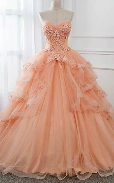Peach Strapless Embroidered Ball Gown