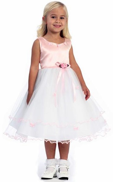 Tea-Length Floral Floral Tulle&Satin Flower Girl Dress