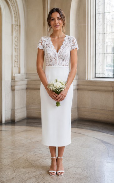 White Knee-length V-neck Lace Sheath Wedding Dress with Lace