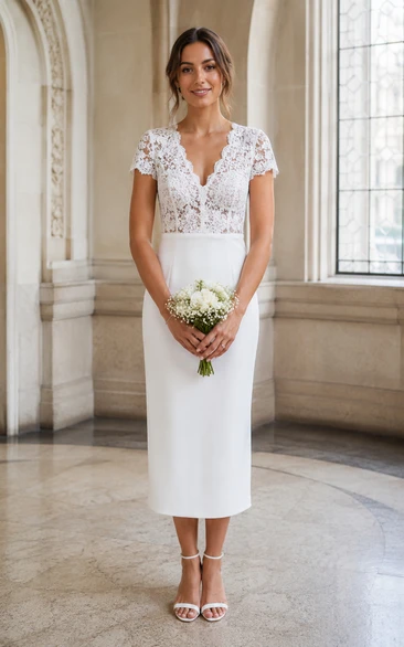 White Knee-length V-neck Lace Sheath Wedding Dress with Lace