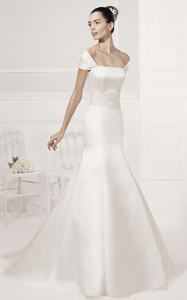 Unique Off-Shoulder Mermaid Satin Bridal Gown With Beading Waist