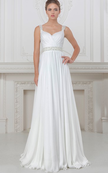 A-Line Strapped Sleeveless Beaded Long Chiffon Wedding Dress With Pleats And Waist Jewellery
