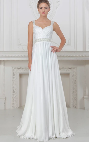 A-Line Strapped Sleeveless Beaded Long Chiffon Wedding Dress With Pleats And Waist Jewellery