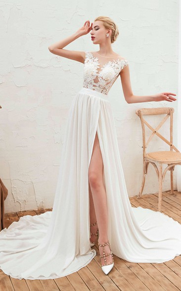 Illusion Lace Appliqued Cap Sleeve Elegant A-line Split Front Chiffon Bridal Separates Gown