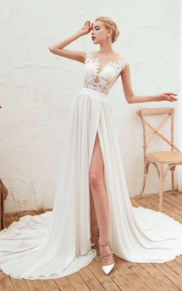 Illusion Lace Appliqued Cap Sleeve Elegant A-line Split Front Chiffon Bridal Separates Gown
