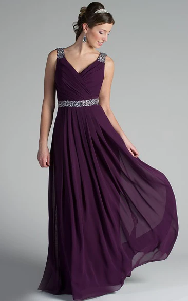 V Neck Back Dropping Chiffon Long Burgundy Bridesmaid Dress With Crystal Straps And Waist