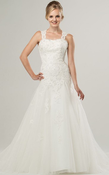 A-Line Sleeveless Strapped Beaded Long Lace&Tulle Wedding Dress With Appliques