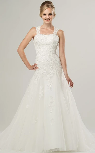 A-Line Sleeveless Strapped Beaded Long Lace&Tulle Wedding Dress With Appliques