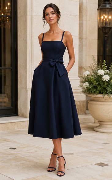 Dark Navy Spaghetti Strap Satin Tea-Length Dress with Bow
