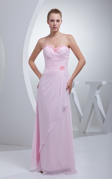 Pastel Ruched Long Chiffon Sweetheart Broach and Dress With Beading