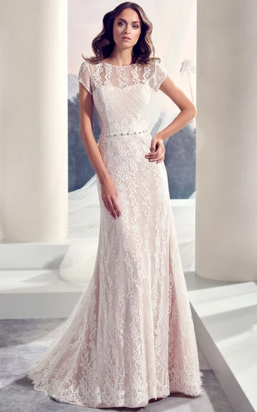 Floor-Length Scoop Jeweled Cap-Sleeve Lace Modest Wedding Dress With Brush Train And V Back