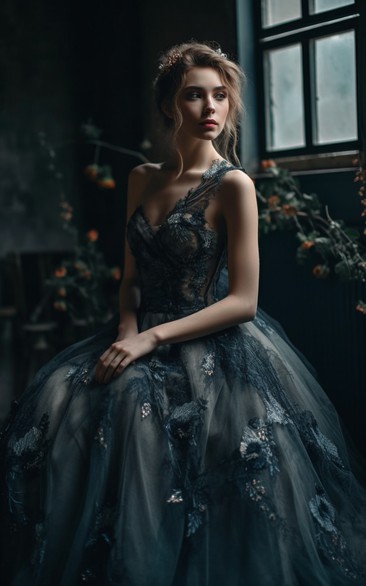 One-shoulder Tulle Ball Gown Floral Gothic Ink Blue Dress