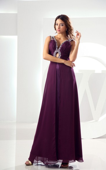 Plunged Ankle-Length Chiffon Keyhole and Dress With Beading