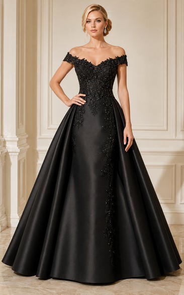 Black Off-the-Shoulder Satin Ball Gown with Lace Trim and Full Skirt