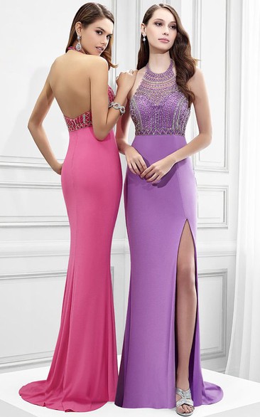 Maxi Sleeveless High Neck Beaded Jersey Prom Dress