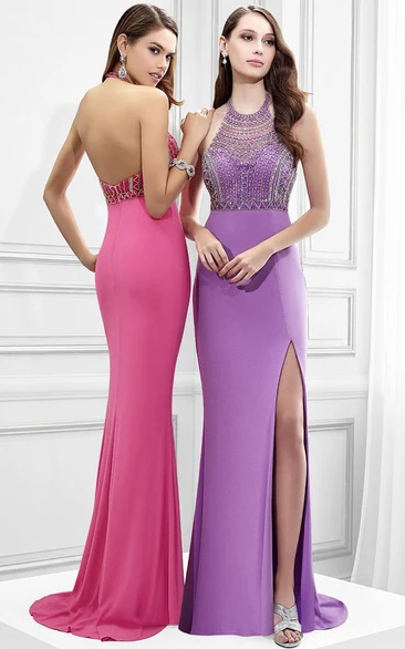 Maxi Sleeveless High Neck Beaded Jersey Prom Dress