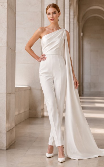 White One-Shoulder Bridal Jumpsuit with Long Cape Train