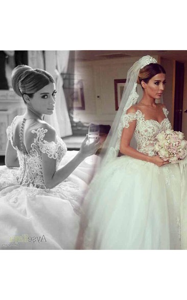 Glamorous Beadings Tulle Ball Gown Wedding Dress Off-the-shoulder Button Back