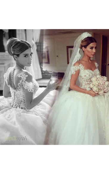 Glamorous Beadings Tulle Ball Gown Wedding Dress Off-the-shoulder Button Back